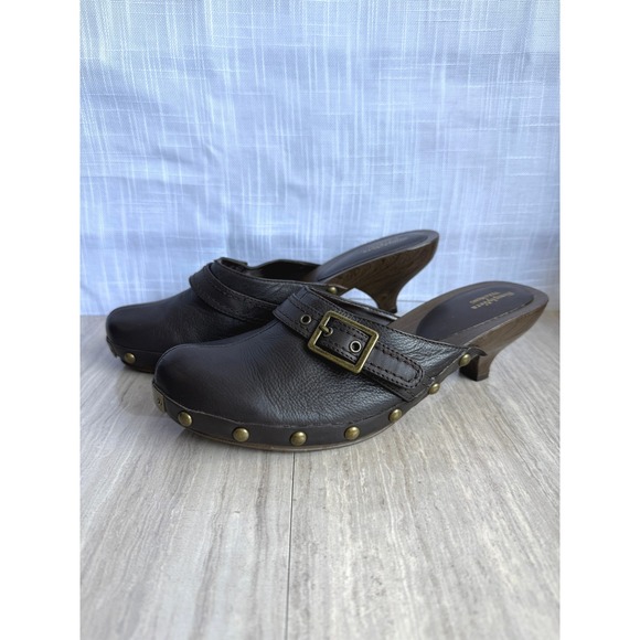 Simply Vera Vera Wang Shoes - Vera Wang Brown Buckle Mules Chunky Wooden Kitten Heel Clogs Studded Sz 10 Boho